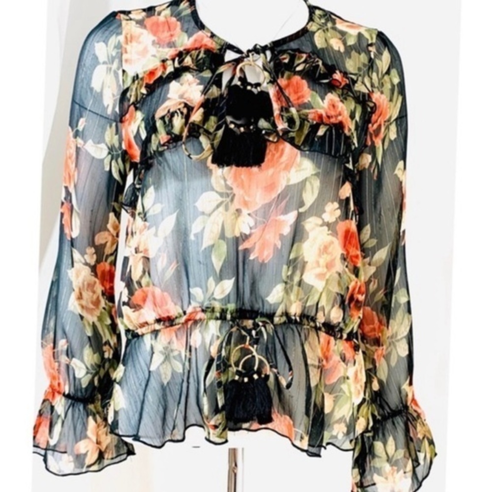 CHELSEA & VIOLET Black Floral Semi Sheer Blouse-L